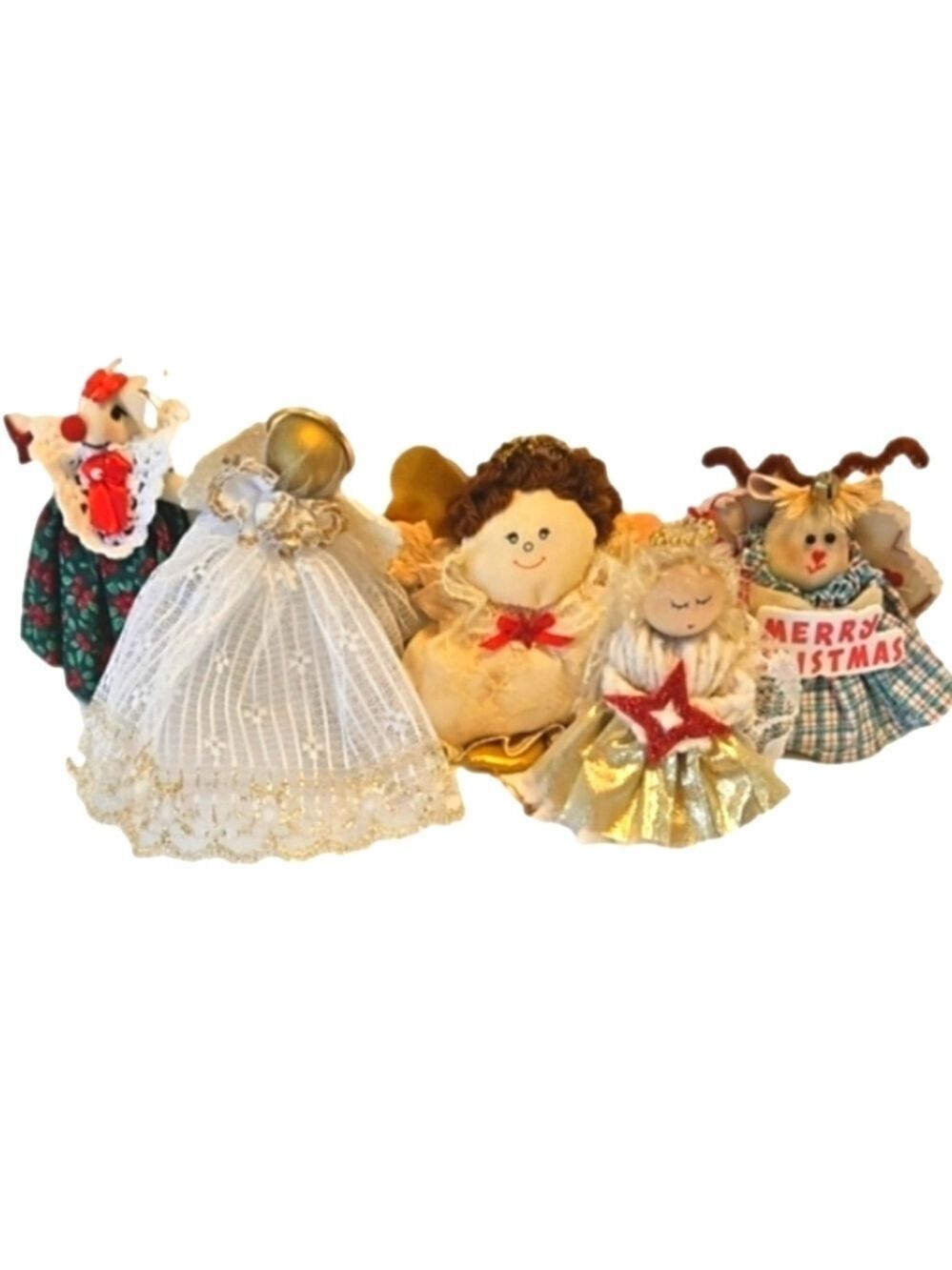 Hand Crafted Handmade Angels Fabric Christmas Ornaments Bundle of 5